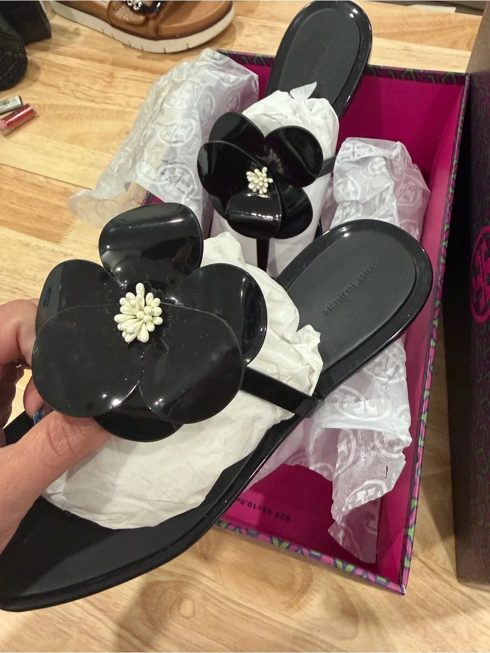 Tory Burch Black Floral Jelly Sandals with Ivory Center